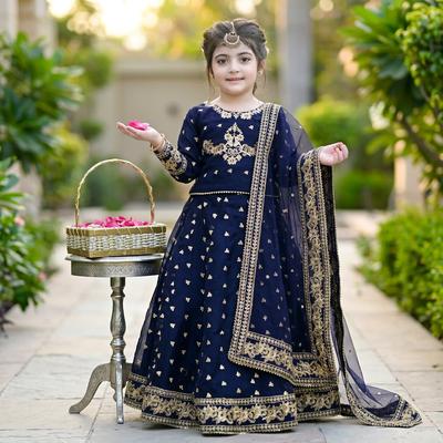 Kids Blue Embroidered Lehenga Set 3Pcs Silk