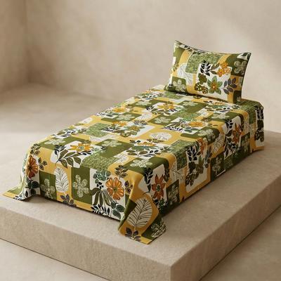 Single Bed Floral Printed Bedsheet Set Green Yellow