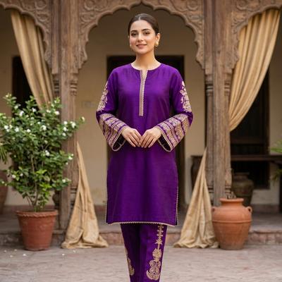 Purple Shamoz Silk 2-Piece Embroidered Set for Women