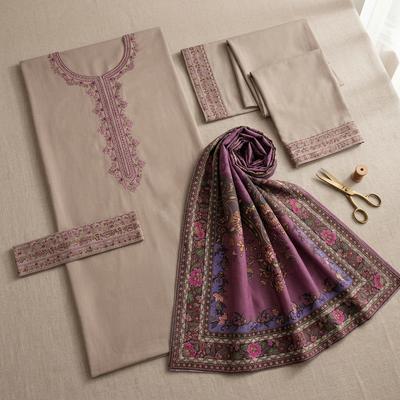 Beige Lawn 3-Piece Suit with Purple Digital Print Dupatta