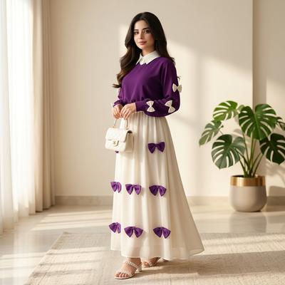 Purple Georgette 2Pc Set Maxi Jacket with Bow Stitching