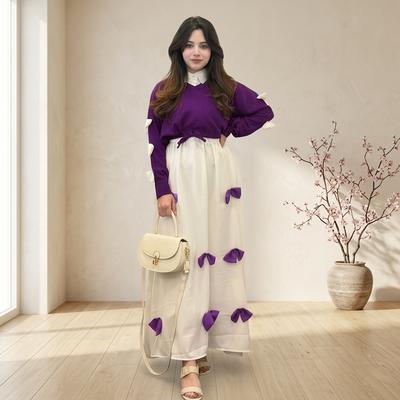 Purple Georgette Bow Top With White Maxi Long Flare 2Pcs