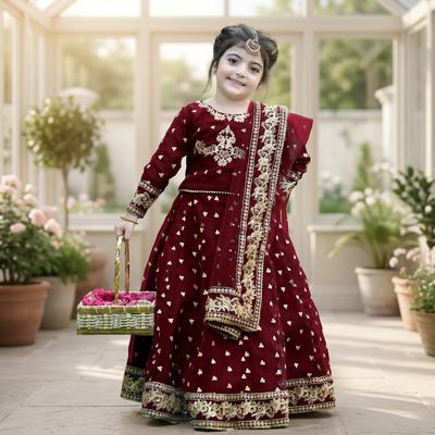 Kids Embroidered Silk Lehenga Set 3Pcs with Lace Dupatta