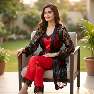 3 Pcs Women's Stitched Silk Lace-Work Night Suit / Net 3 Pcs Nighty For Women