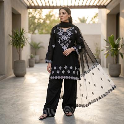 Black Embroidered 3Pcs Cotton Set with Organza Dupatta