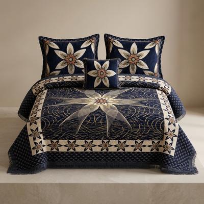 Blue Velvet Jacquard Double Bed Set 4 Pcs