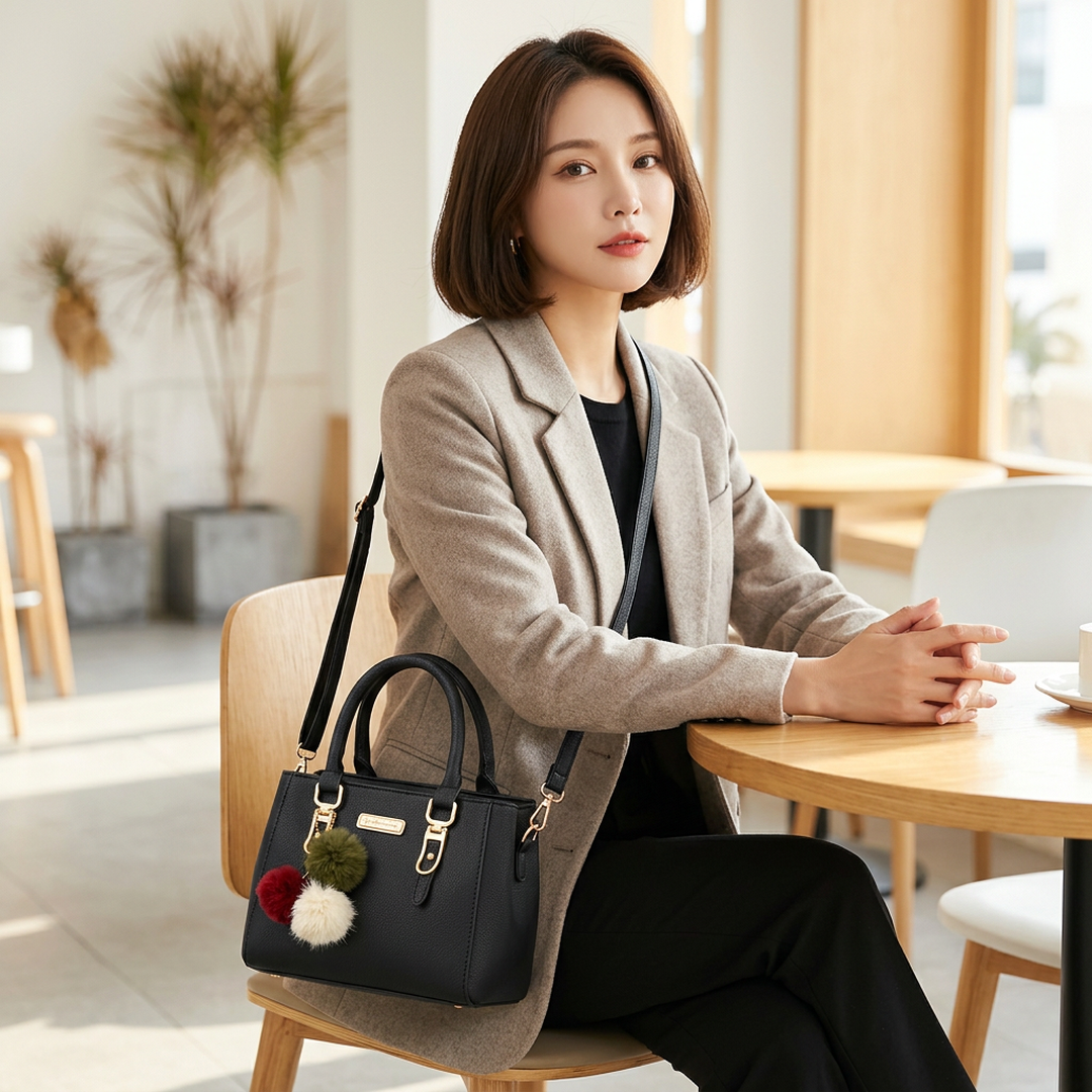 2022 Women's Grey Shoulder Crossbody Bag with Pom Pom