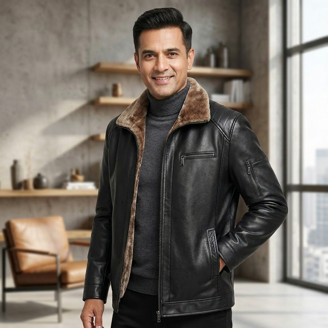 Men's Fur Leather Jacket Brown All-In-One Middle Age+
