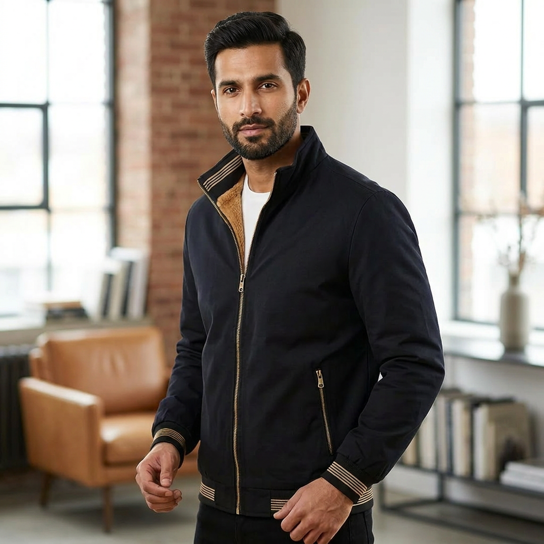 Men's Navy Blue Velvet Bomber Jacket with Flame Design