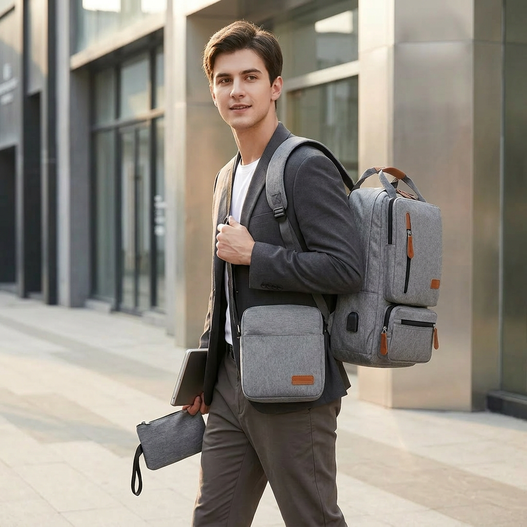 Maroon 3-Piece Business Backpack Set with USB Charging Port