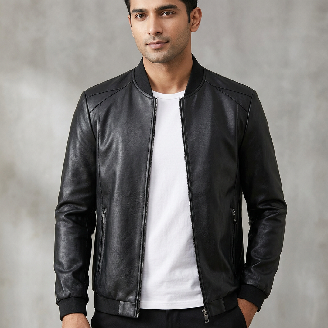 Men's Black Leather Bomber Jacket Slim Fit Spring Autumn