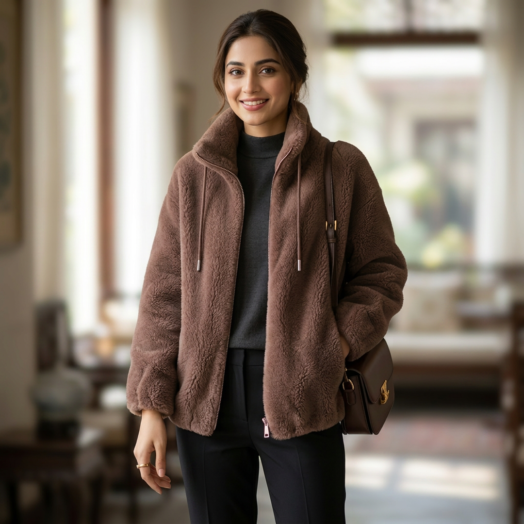 Women's Fleece Lined Winter Coat with Zipper & Vertical Collar
