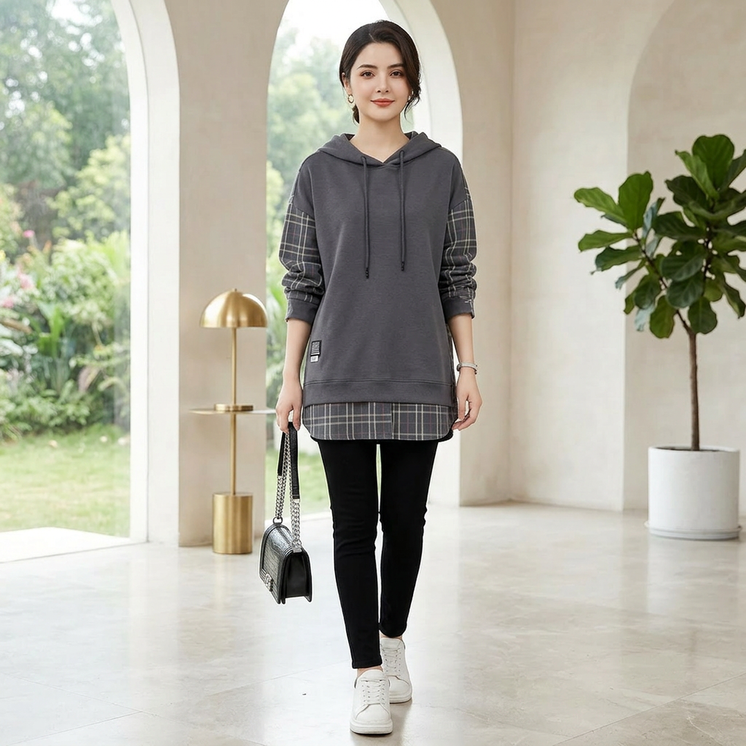 Women Plaid Hoodie Set Grey Black Pants - Image 2