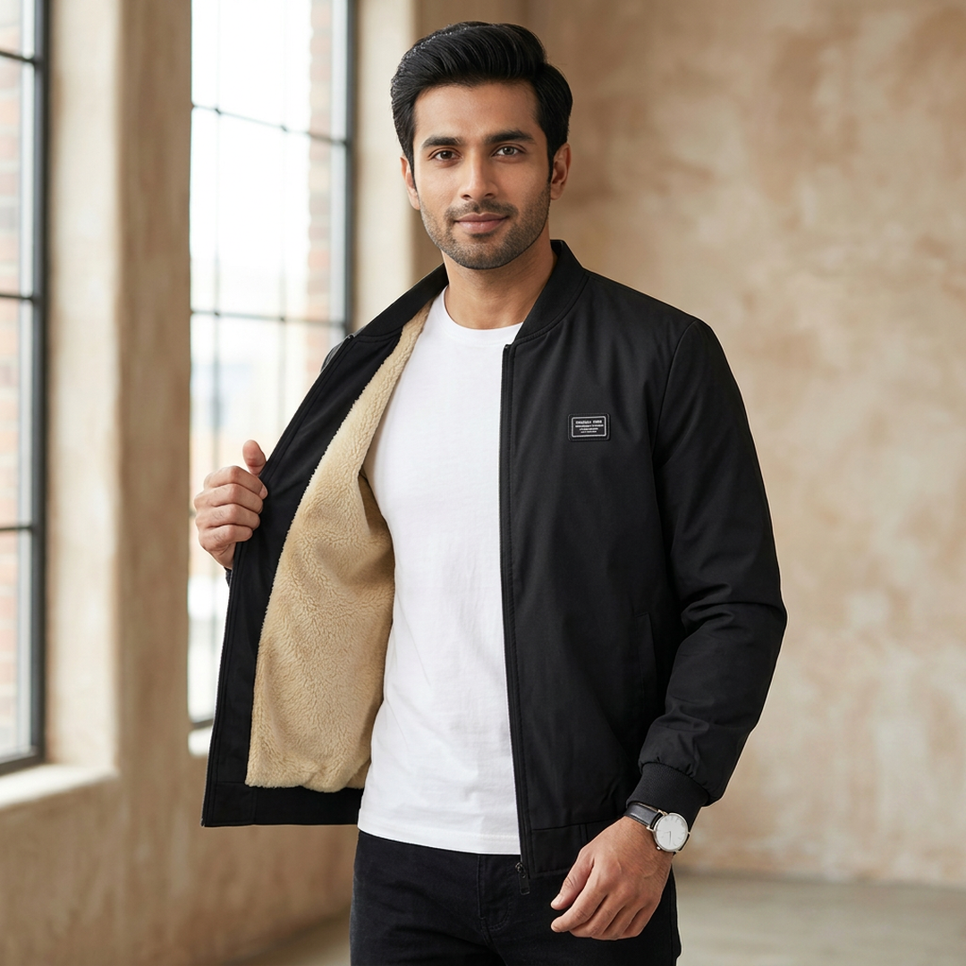 Men Slim Fit Baseball Coat Blue Fleece Lining