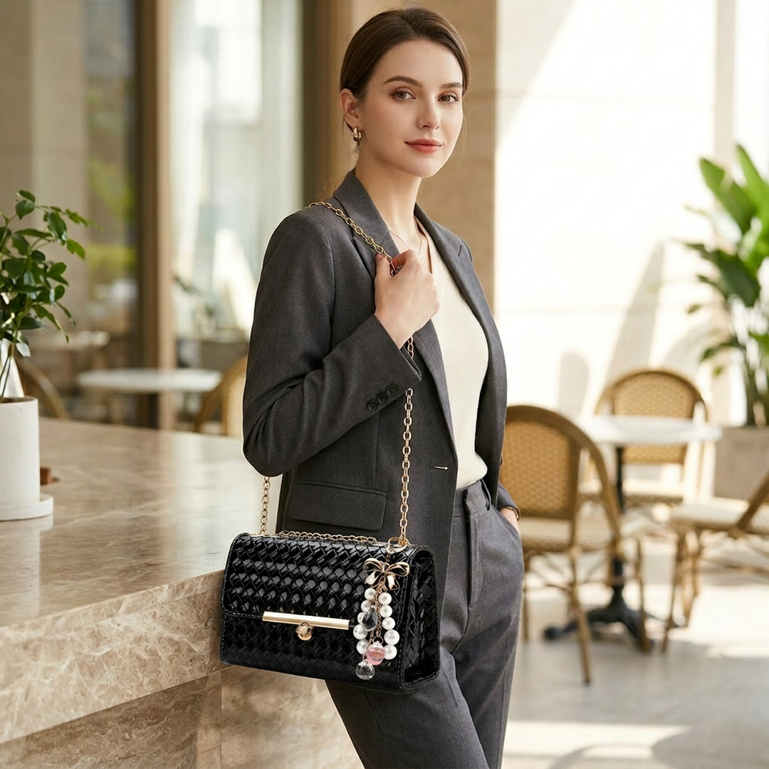 Black Embroidered Chain Shoulder Bag for Women