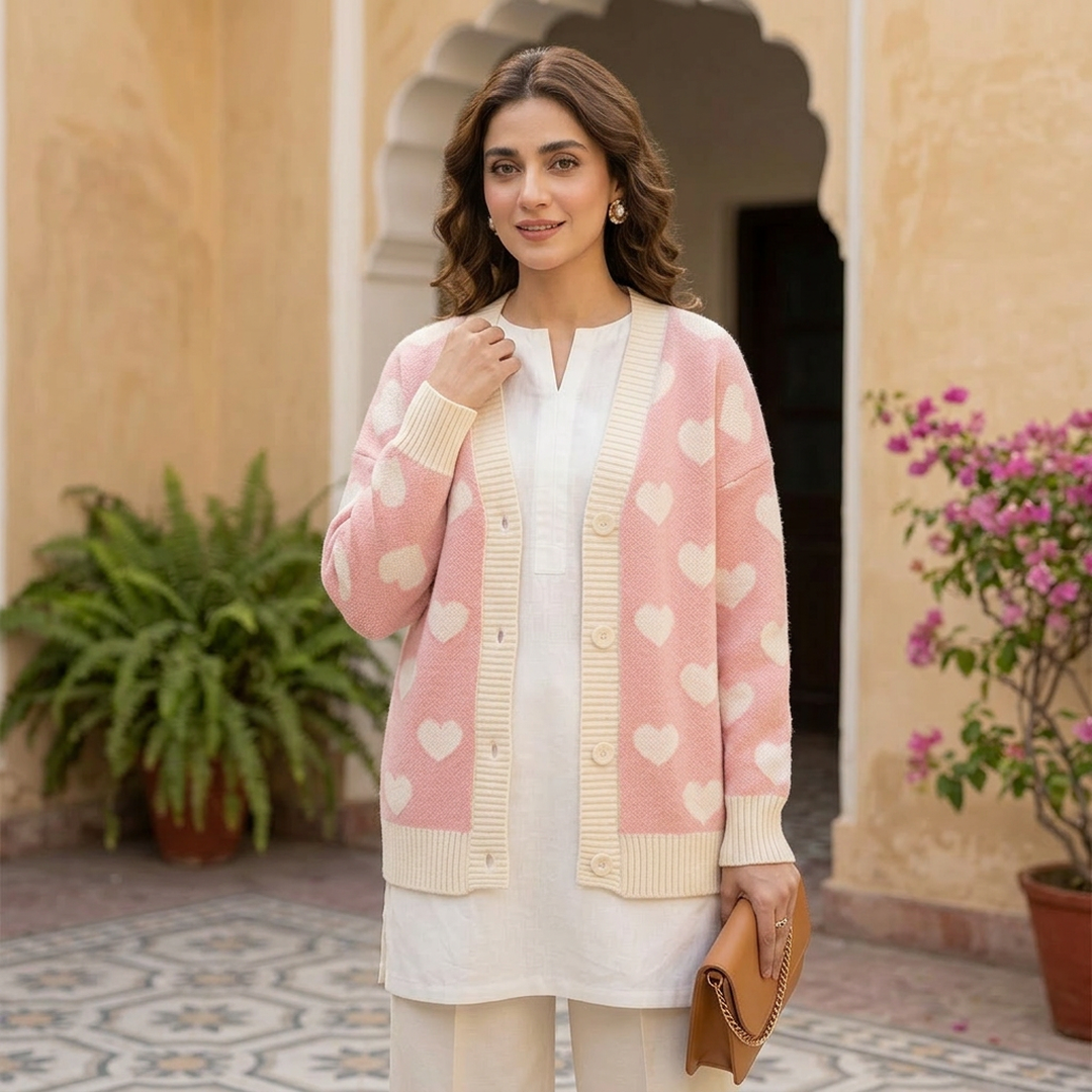 Pink Heart Polka Dot Knitted Cardigan for Women