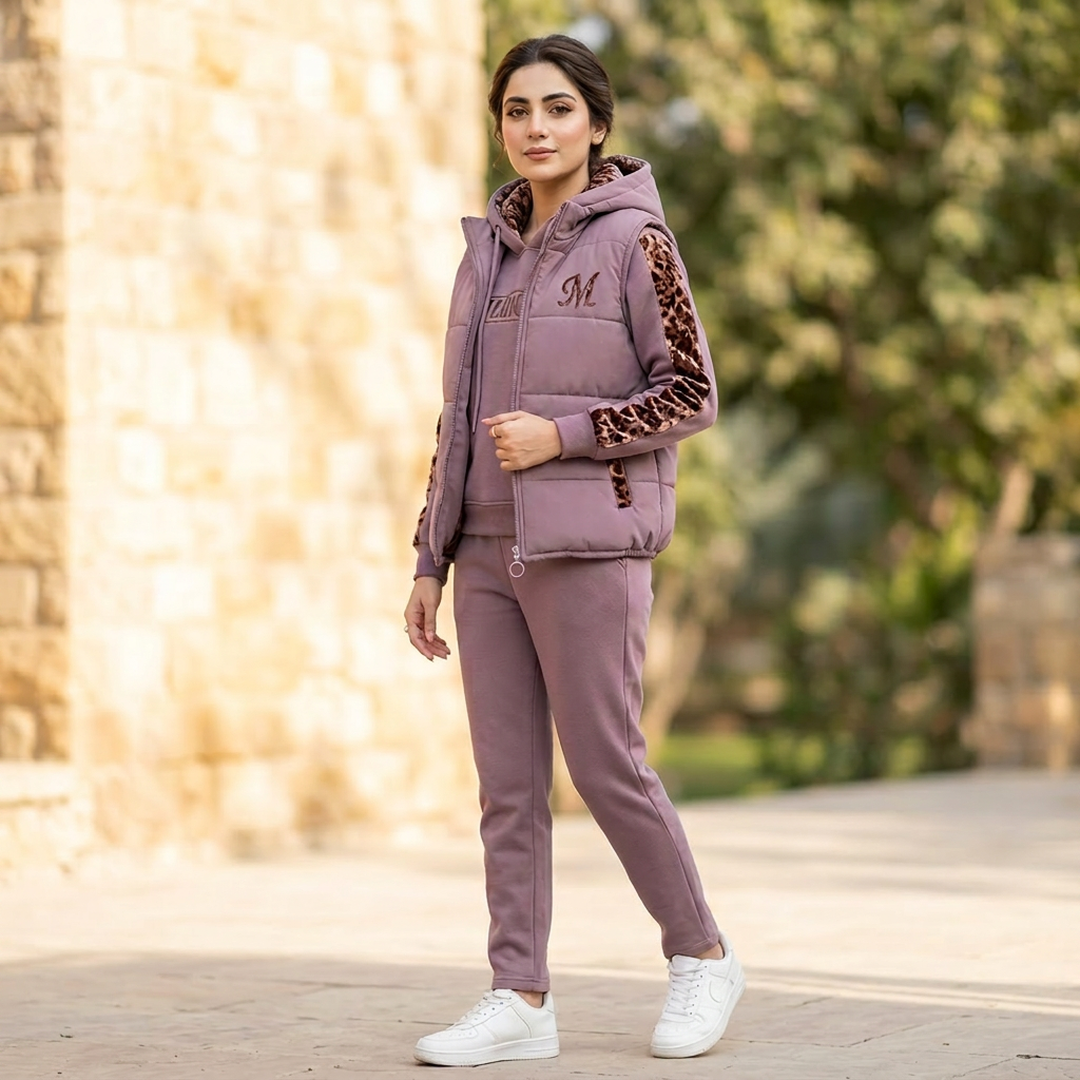 Women Fleece Winter Hoodie Set Pink Letter Embroidered