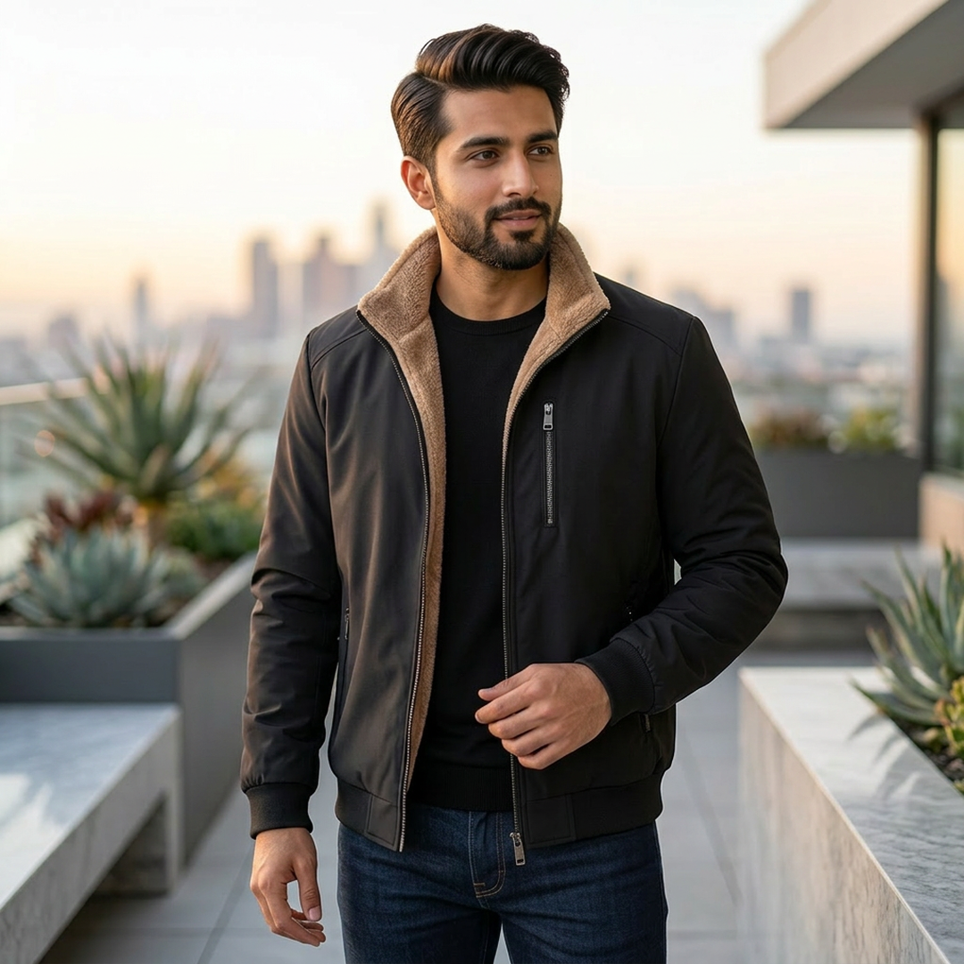 Men's Black Velvet Jacket with Fleece Lining Large Winter Wear