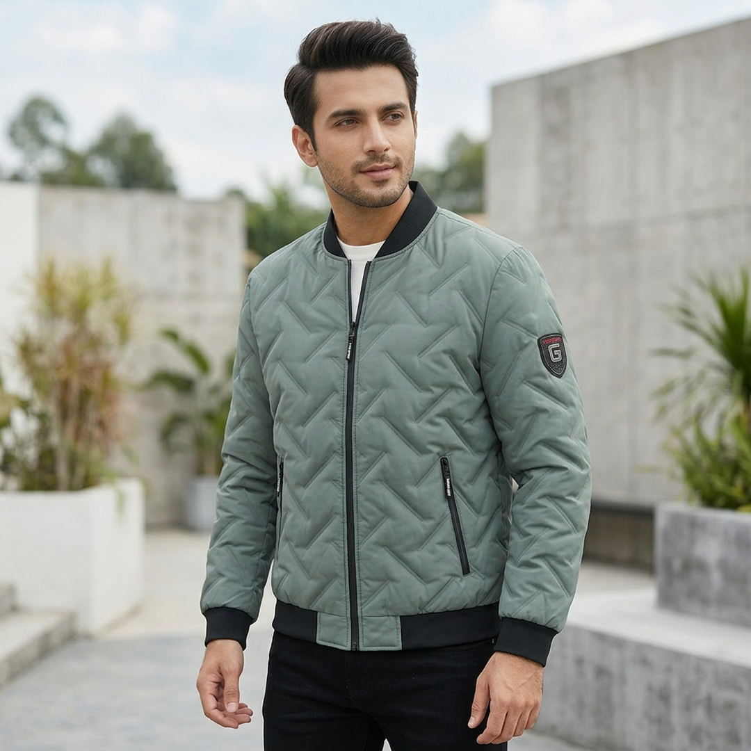 Men's Grey Quilted Jacket with Stand Collar 2023