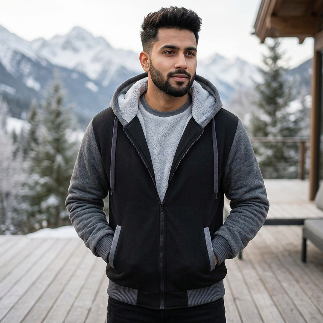 Men's Black Grey Hooded Fleece Jacket Large Winter Sports - Image 5