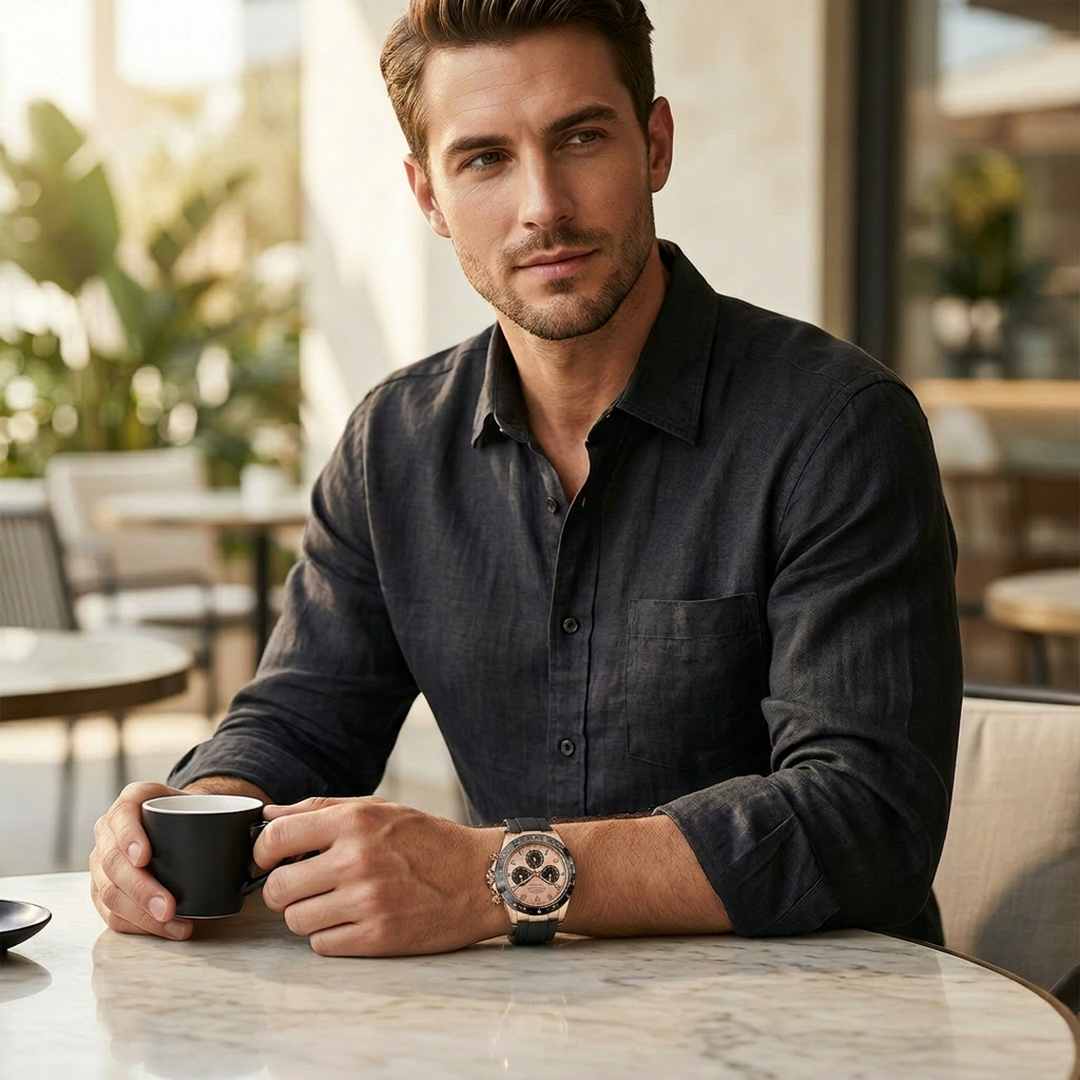 Swiss Men's Chronograph Watch Rose Gold Silicone Black