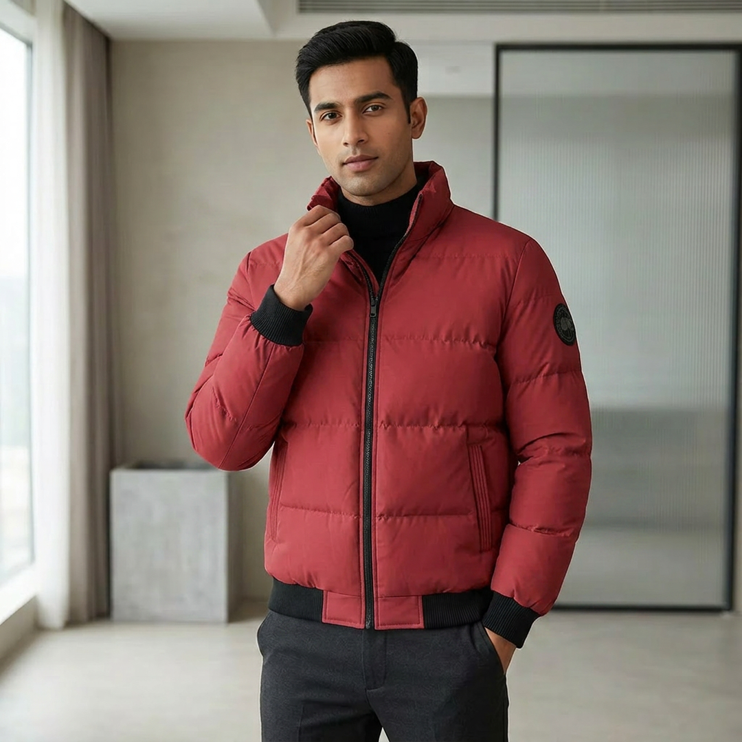 Red Vertical Collar Puffer Jacket for Men