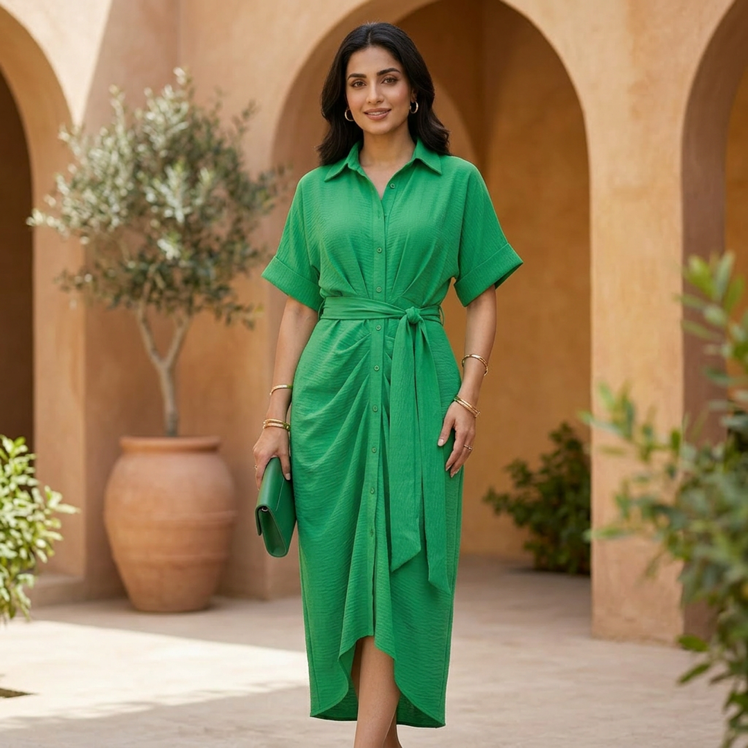 Green V-Neck Wrap Dress for Women