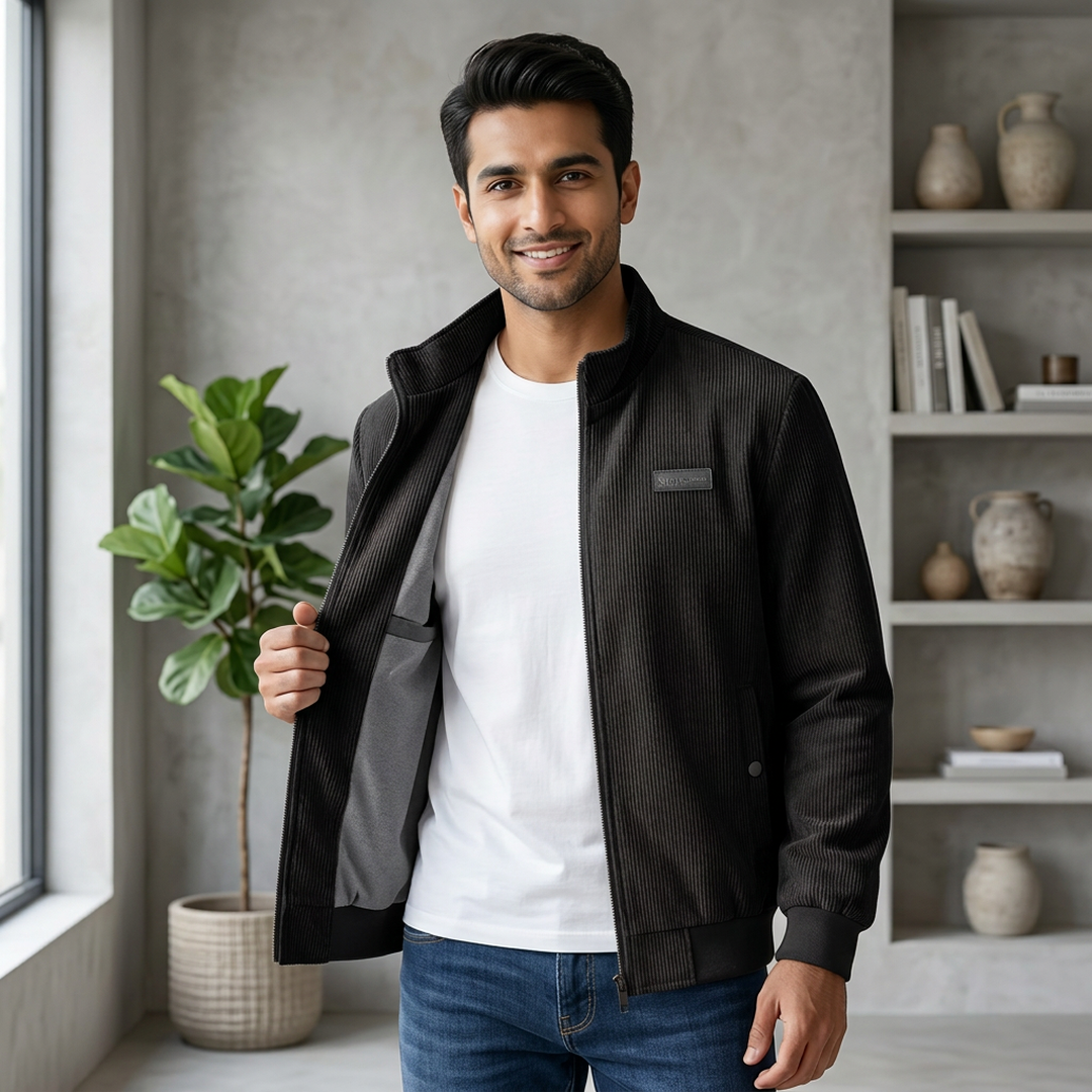Men's Black Corduroy Jacket with Grey Interior