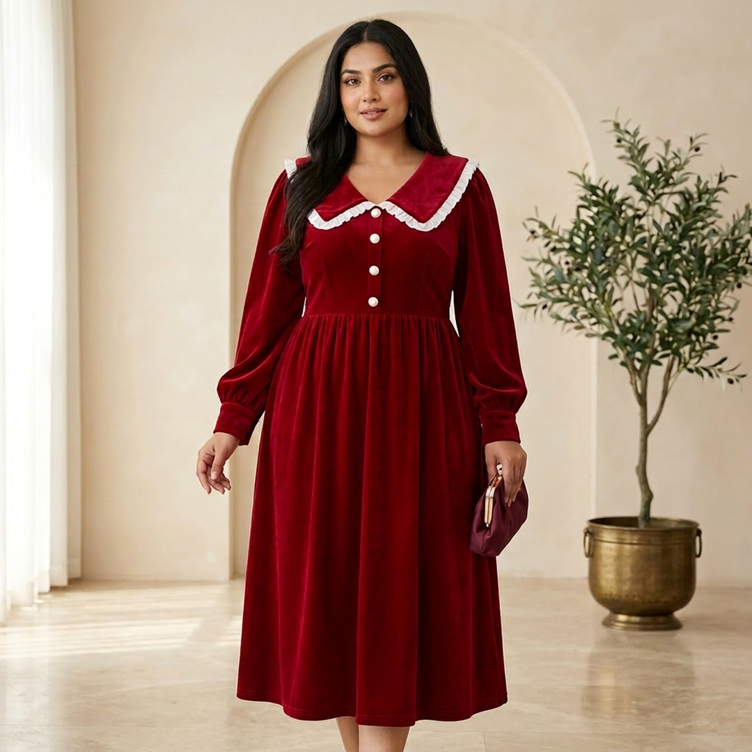 Plus Size Red Velvet French Dress for Women 2023 - Image 3