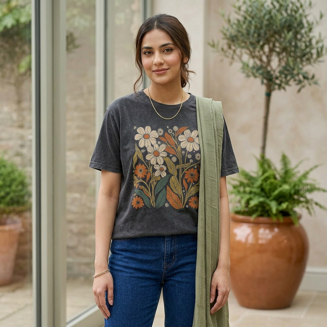 Women's Printed Round Neck T-Shirt Brown Floral Short Sleeve