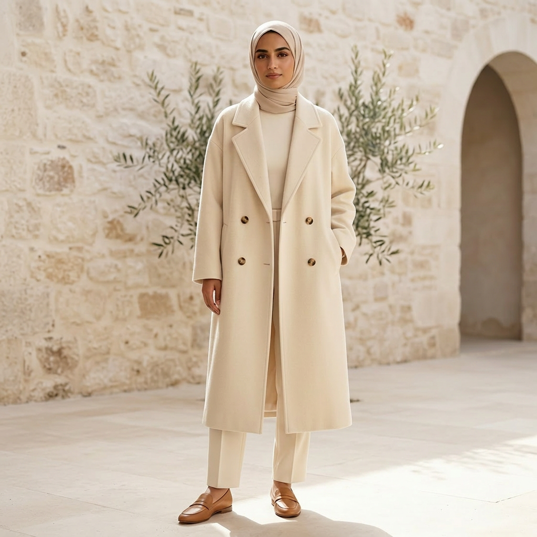Women Woolen Outfit Cream Long Coat 2024