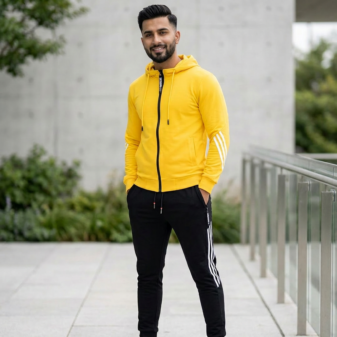 Men Yellow Black Hoodie Pants Set with 3Stripes
