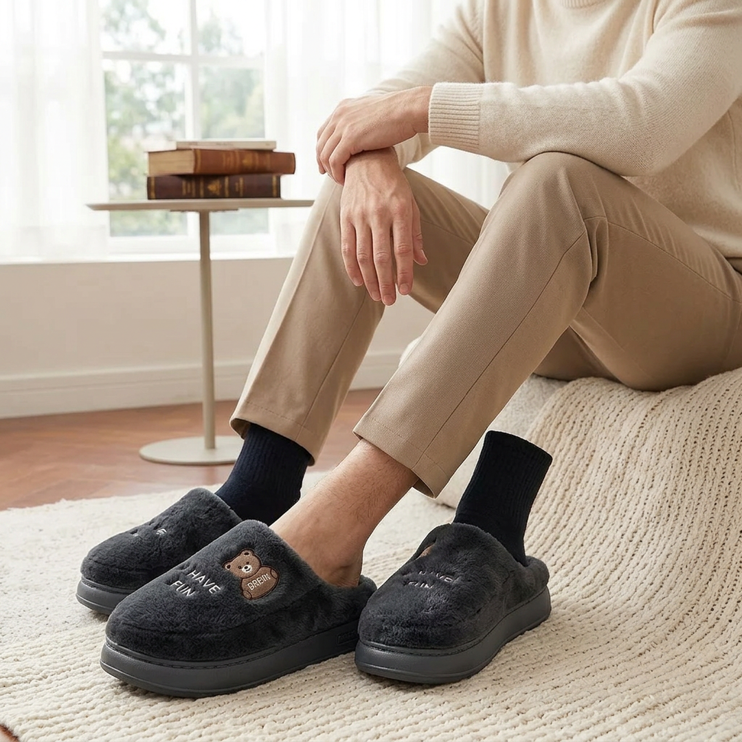Men Winter Thick-Soled Cotton Slippers Black