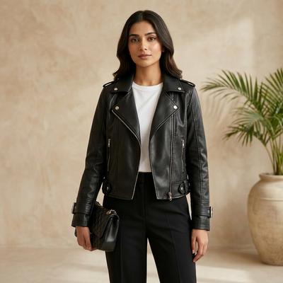 2024 Women's Black Leather Lapel Jacket Slim Fit Biker Clothing