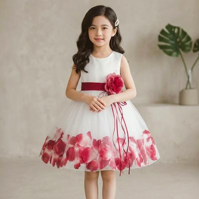 Red White Petal Tulle Kids Dress with Flower Accent