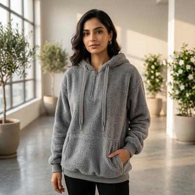 Women's Long Sleeve Hooded Sweatshirt Gray Solid Color