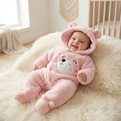 Pink Bear Hooded Baby Jumpsuit for Newborn Winter