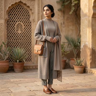 Women's Knitted Cardigan Knee Length Sweater Grey