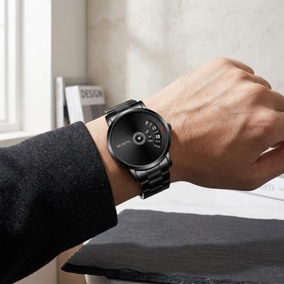 Swiss Style Men's Black Water Resistant Watch with Steel Band