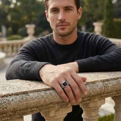Men's Black Diamond Adjustable Ring with Square Cut