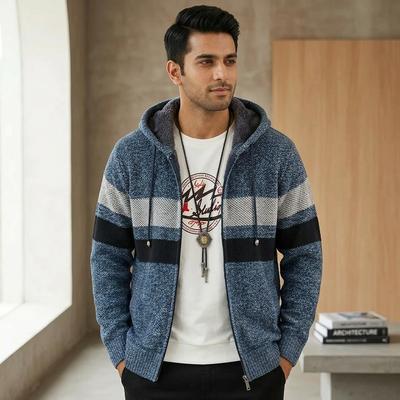 Men's Korean Style Knitted Hoodie Blue Gray Plus Size