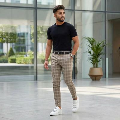 2021 Men's Grey Plaid Casual Pants Loose Fit