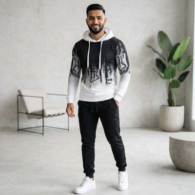 Men Hooded Splash Ink Printed Sweatpants Set Black White