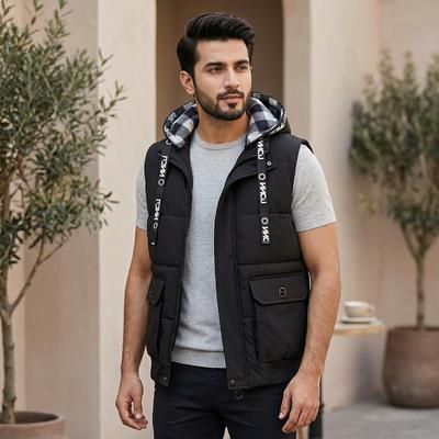 Men's Beige Plaid Hood Vest with 2 Pocket