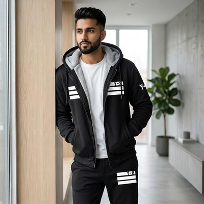 Winter Men Grey Fleece Hooded Track Suit Large