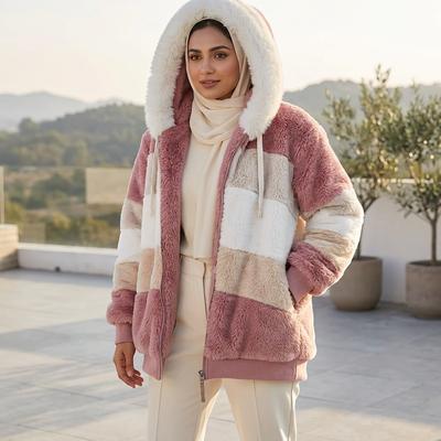Women Warm Plush Patchwork Hooded Jacket Pink White