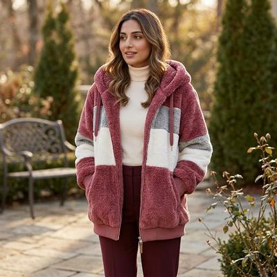Women Hooded Plush Jacket Maroon White Winter Warm