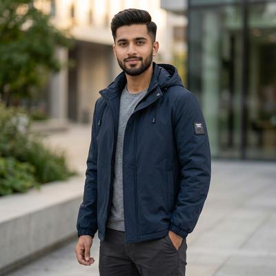 Men's 2021 Hooded Jacket Navy Blue Solid Color