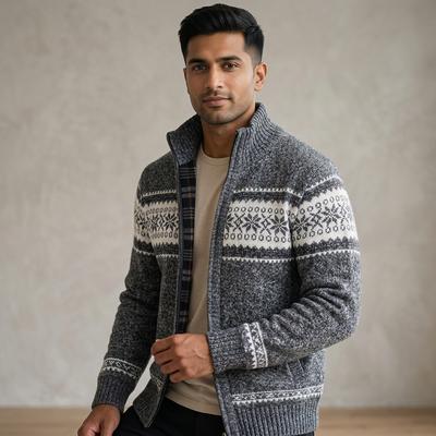Men's Fleece Lined Cardigan with Snowflake Print