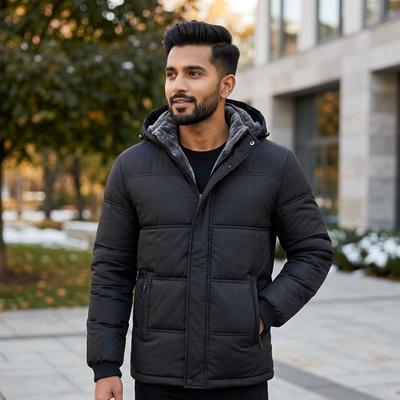 Men's Fleece Lined Hooded Puffer Jacket Black Winter